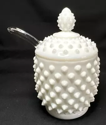 Hobnail Milk Glass Sugar Bowl With Lid & Glass Spoon Vintage Gift Replacement • $15.95