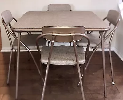 VTG Mid Century Modern MCM Cosco Folding Card Table & 4 Chairs Tan. Atomic. • $165