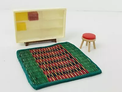 Vintage Mid Century Modern MCM Doll House Bookcase Stool Rug Mini Miniature • $19.99