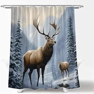 Winter Forest Moose Shower Curtain Pine 70 WX70 H/180x180CM Brown-deep Blue • $22.76