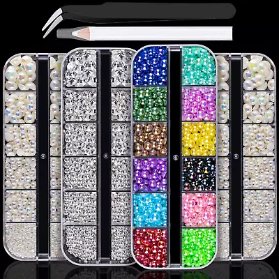 4 Boxes Flat Back Rhinestone&Pearls Kits Flatback Round Glass Crystal Clear Gems • $19.99