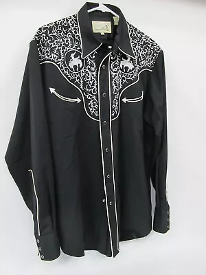 Western Cowboy Pearl Snap Embroidered Rodeo Shirt L Roper Black Bucking Bronco • $69.99