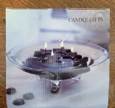 Floating Candle Set 4 Purple Star Candles And Glass Beads 3-Footed Clear Bowl • $11.95