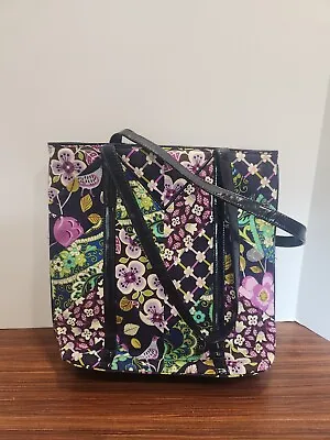 Retired Vera Bradley Tall Tote Floral Nightingale Purple Black Floral Purse • $29.99