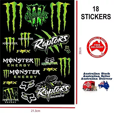 Monster Energy 18 Piece Sticker Set For Motorcycle Dirt ATV Car Motorised Bike • $10.95