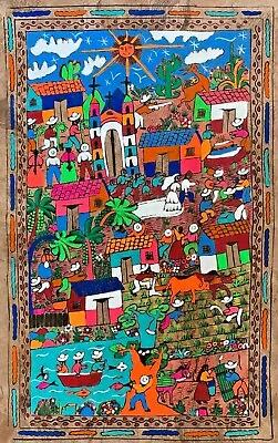 15 1/2 X 23  Mexican Tradition Folk Art Amate Bark Hanging Farm Painting Aztec • $29.99
