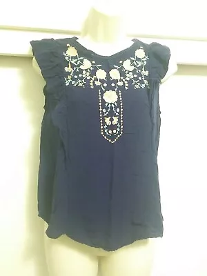 MINE Women's Navy Blue Embroidered Ruffled Sleeveless Top Blouse Size S • $9.99