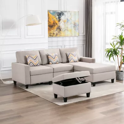 Modern 95.5  Beige Linen Reversible Sofa Chaise W/Storage Ottoman And Pillows • $1321.89