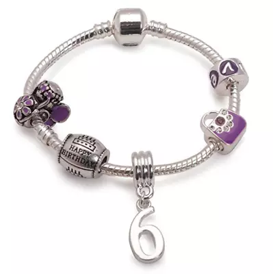 Liberty Charms Children's Purple  'HAPPY 6TH BIRTHDAY' Charm Bead BRACELET • £10.99