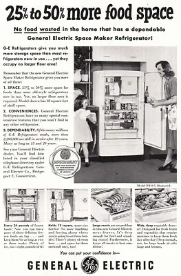 1950 General Electric Refrigerator: 25% To 50% More Vintage Print Ad • $6.75
