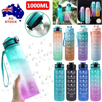 1L Water Bottle Motivational Drink Flask With Time Markings BPA Free Sport Gym • $14.95