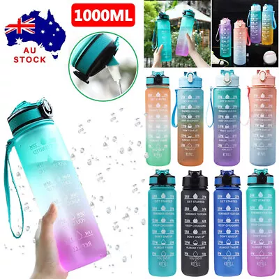 1L Water Bottle Motivational Drink Flask With Time Markings BPA Free Sport Gym • $14.20