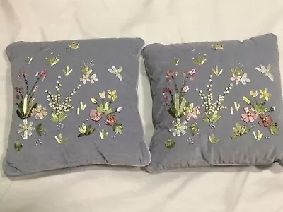 2 Ribbon Embroidered Blue Pillows Floral Decorative 12” Vintage New • $40