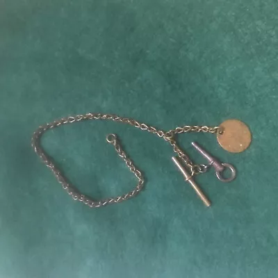 Antique Brass T-Bar  Pocket Watch Chain Fob With Key • $10