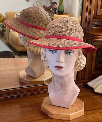 VTG Natural Weave Hat Wide Brim Red Grosgrain Ribbon By SONNI Derby Church Hat • $19.99