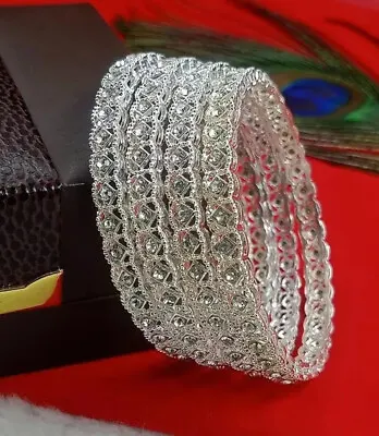 Indian Ethnic Wedding 4 Pc AD CZ Silver Plated Designer Bollywood Bridal Bangles • $16.49