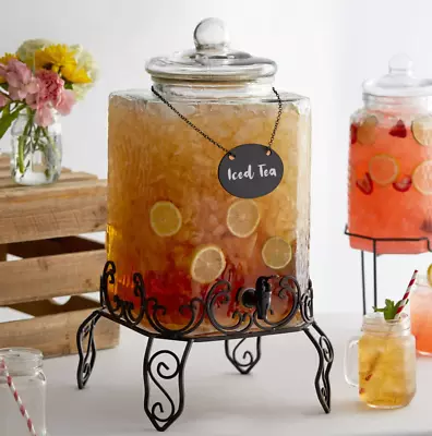 5 Gallon Hammered Glass Beverage Drink Water Ice Tea Dispenser Jar With Stand • $118.97