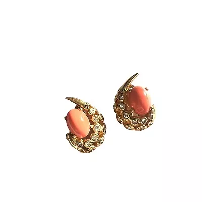 Joseph Mazer JOMAZ Vintage Faux Coral Crystal Gold Vermeil Clip-on Earrings 1940 • $180