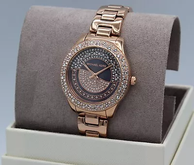 New Authentic Michael Kors Liliane Rose Gold Mop Crystals Mk4624 Women's Watch • $139.99