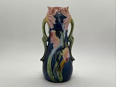 Vintage German Majolica Vase Pink Flowers Blue Base Green Handles 6.5  Victorian • $49.95