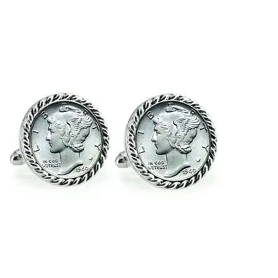 NEW Silver Mercury Dime Silvertone Rope Bezel Coin Cuff Links 12715 • $59.95