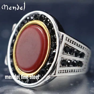 MENDEL Large Mens Gold Plated Red Coral Stone Ring Size 7 8 9 10 11 12 13 14 15 • $20.99