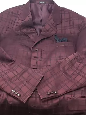 Pacelli Uomo Moda Men's 50L Purple Maroon Black Check Pattern Jacket 7 Button • $49.99