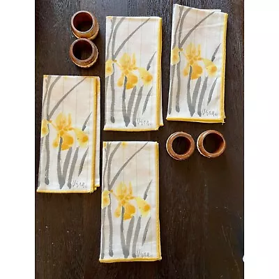 Vintage Vera Neumann Iris Yellow Cloth Napkin Set With Wooden Rope Napkin Rings • $29.99