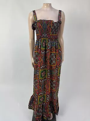 Vintage 70's Unbranded Dress Women's Maxi Floral Smocked Cotton Hippie Ethnic H4 • $59.99