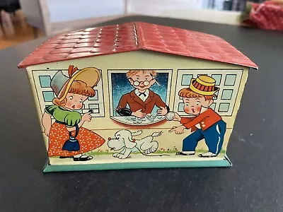 Mechanical Tin  House Coin Bank  Vintage Banker And Dog • $25