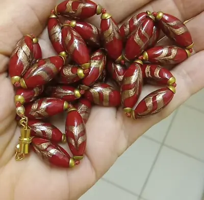 Vintage Necklace 30  Venetian Art Glass Knotted 1  Beads Oxblood Red Gold • $68.99