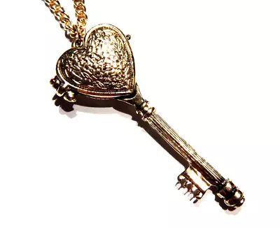 SKELETON KEY HEART LOCKET NECKLACE Small Pendant Gold Steampunk Victorian New Q2 • $14.99