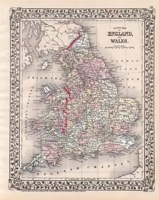 1874 Antique Mitchell Atlas Map Of England & Wales-hand Colored • $10
