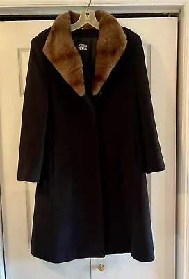 CINZIA ROCCA Womens 100%  Wool Coat Black Sz 8 Weasel Fur Fodera Bemberg • $29