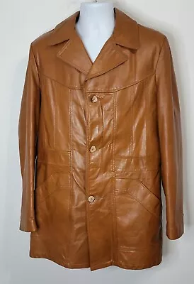 Vintage 1970s Men's Cognac Leather Jacket Car Coat Removable Liner Sz 40 Tall • $97