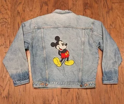 Vtg 90s WALT DISNEY Mickey Mouse Embroidered Denim Trucker Jean Jacket MEDIUM • $59