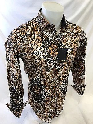 Mens PREMIERE Long Sleeve Button Down Shirt Brown LEOPARD TIGER PRINT NWT 117 • $39.95