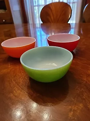 Vintage Pyrex Milk Glass Cereal Bowls Green Orange Red  4 3/4  X 2  Unbranded  • $30