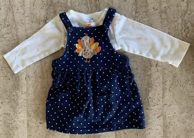 CARTERS Baby Toddler Girl 18 Mo THANKSGIVING Navy White Polka Turkey Dress Set • $9.99