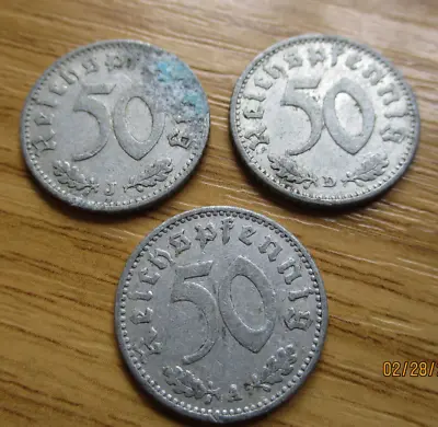 WW2 German Third Reich Coins 50 Pfennig. 193540 &42 Qty 3 • £5.50
