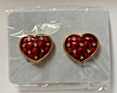 Vintage Cabouchon Brand Gold Plated Red Enamel Zirconia Heart Clip On Earrings • £16