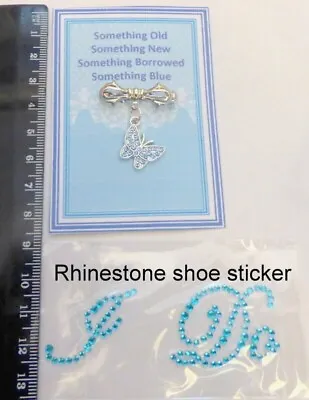 Something Blue Crystal Butterfly Platinum Plated Brooch Rhinestone I DO Sticker • £4.99
