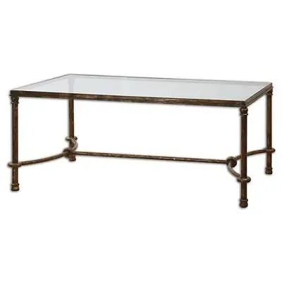 Luxe EQUESTRIAN Iron Coffee Table Rustic Bronze Rings Cocktail Horse Glass • $811.80