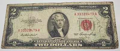 1953 $2 Dollar Bill Red Seal Rustic Circulation Tombstone Ser No 3/3/32-8/4/79 • $7
