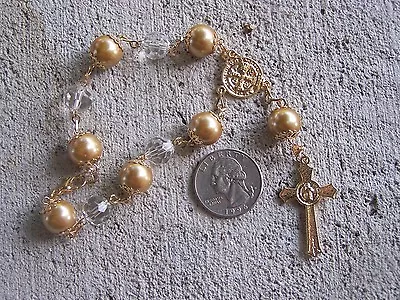 $6.99 • Buy Mexican Chaplet Mini Rosary With Larger Golden Pearly Beads - Mexico