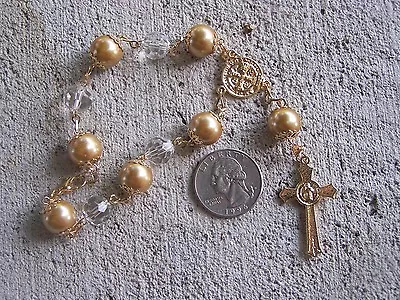 Mexican Chaplet Mini Rosary With Larger Golden Pearly Beads - Mexico • $6.99