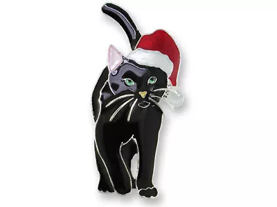 Zarah Holiday Black Cat With Santa Hat Pin Enamel Sterling Silver Plate Gift Box • $28.89