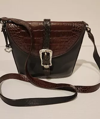 Brighton Vintage Small Crossbody Bucket Bag Flap Black Leather Brown Croc Trim • $37.99