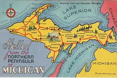 NORTHERN PENINSULA MICHIGAN  POSTCARD Map  Hello  Highways Cities Vintage • $4.25