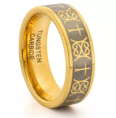 TungstenMasters 8MM/6MM Tungsten Mens/Womens Gold Celtic Cross Wedding Band Ring • $39.95